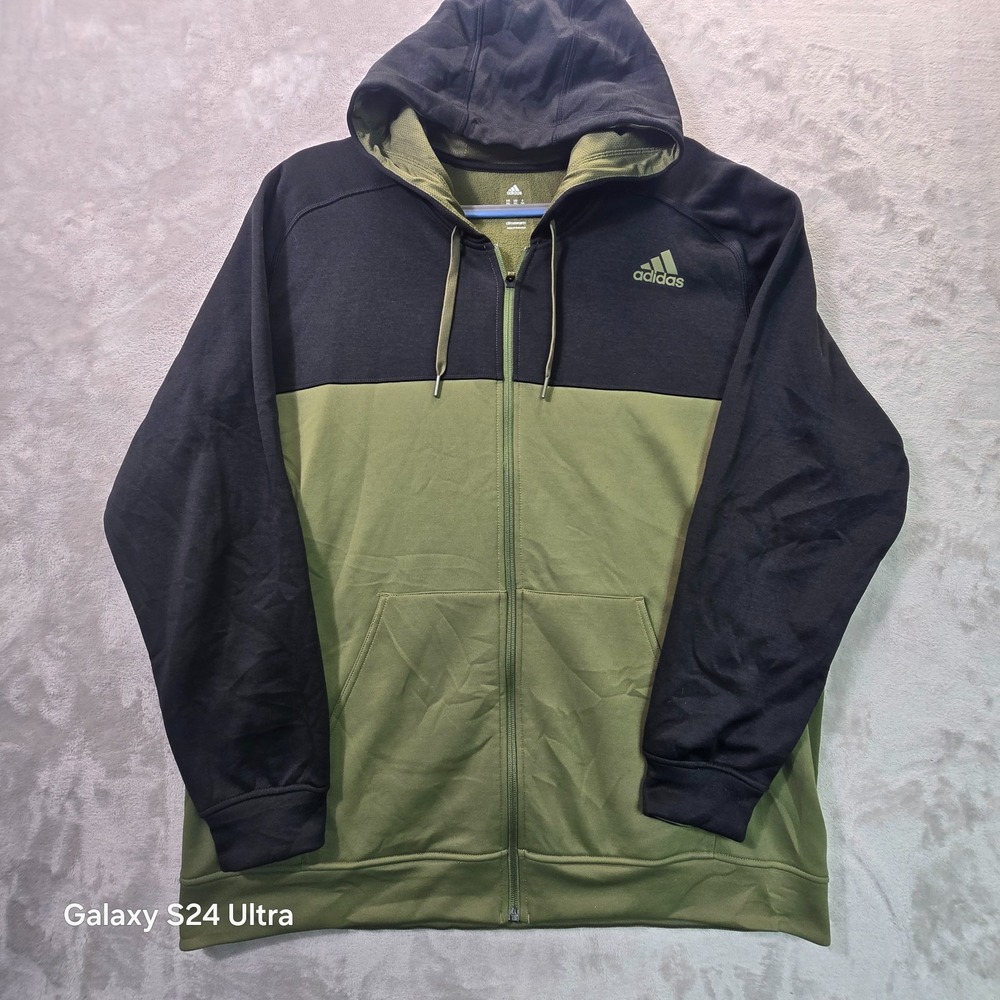 Adidas Hoodie Mens 2XL Green Black Climawarm Fleece Lined Winter Kangaroo Pocket
